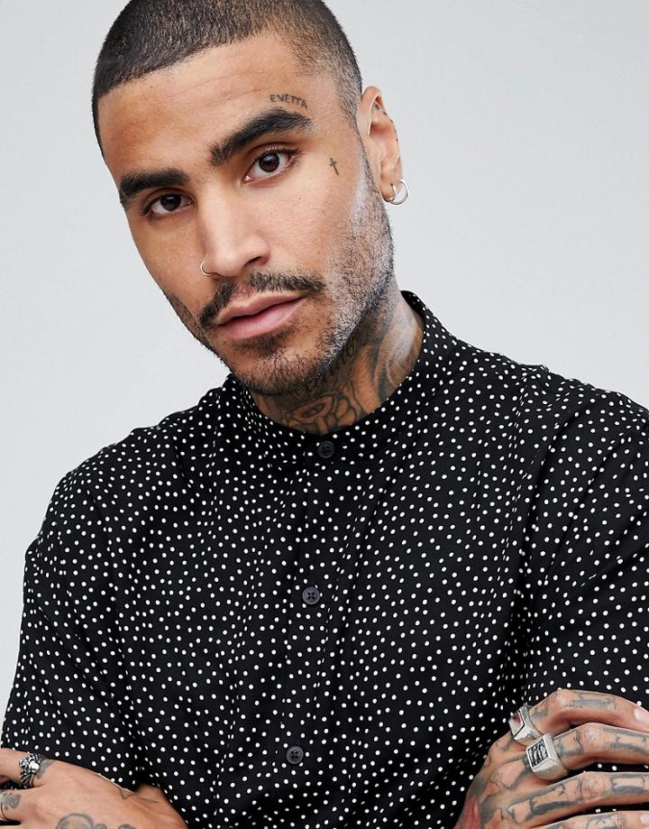 Mennace Shirt With Grandad Collar In Polka Dot - Black