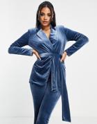 Asos Design Velvet Suit Blazer With Obi Tie In Blue-blues