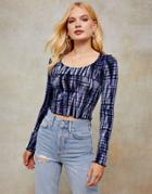 Topshop Long Sleeve Tie-dye Panel Crop Top In Indigo-purple