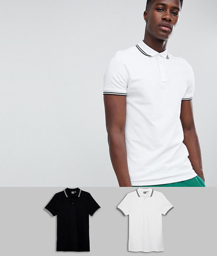 Asos Design Pique Polo Shirt With Tipping 2 Pack Save - Multi