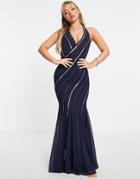 Goddiva Embroidered Plunge Maxi Dress In Navy And Gold