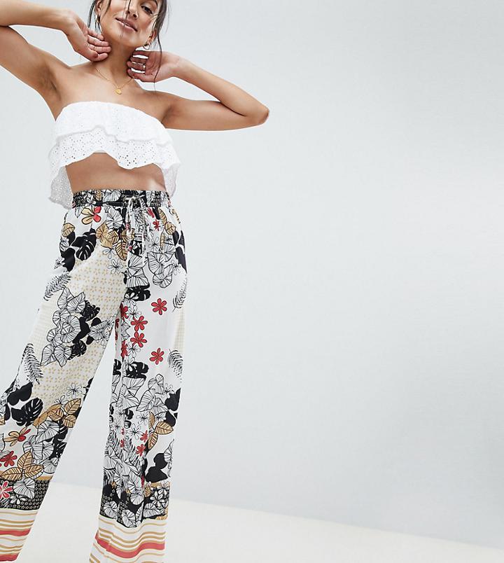 Parisian Tall Wide Leg Floral Pants With Border Print - White