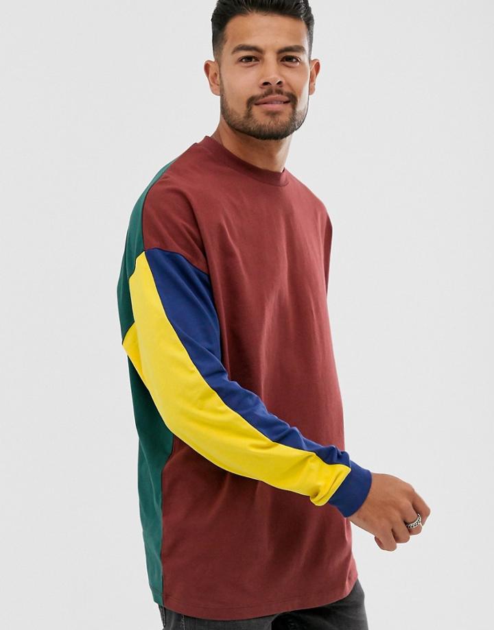 Asos Design Oversized Long Sleeve T-shirt With Contrast Color Block In Burgundy-brown