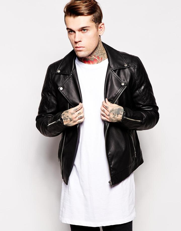 Asos Faux Leather Biker Jacket In Black - Black