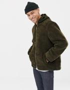 Asos Design Bomber Jacket In Borg With Nylon Hood In Khaki-green