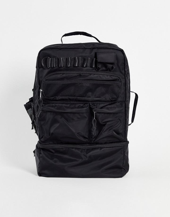 Asos Design Backpack In Black Nylon With Multi Pockets And Laptop Compartment 30 Liters