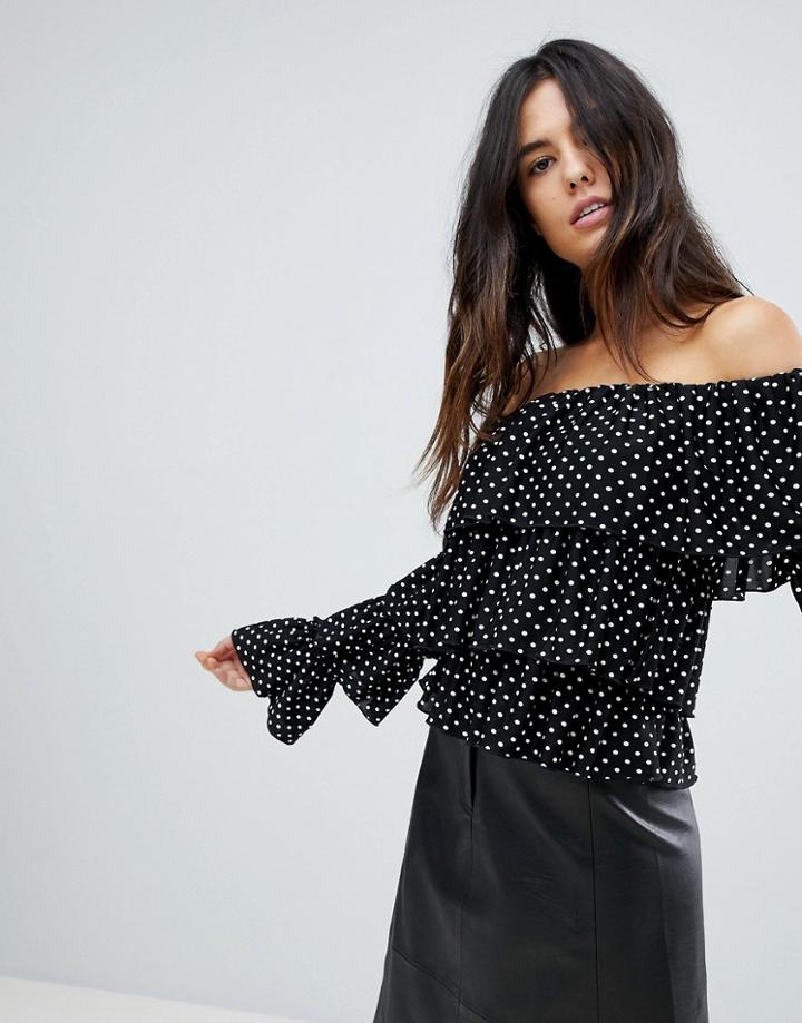 Asos Ruffle Bardot Top In Spot - Black