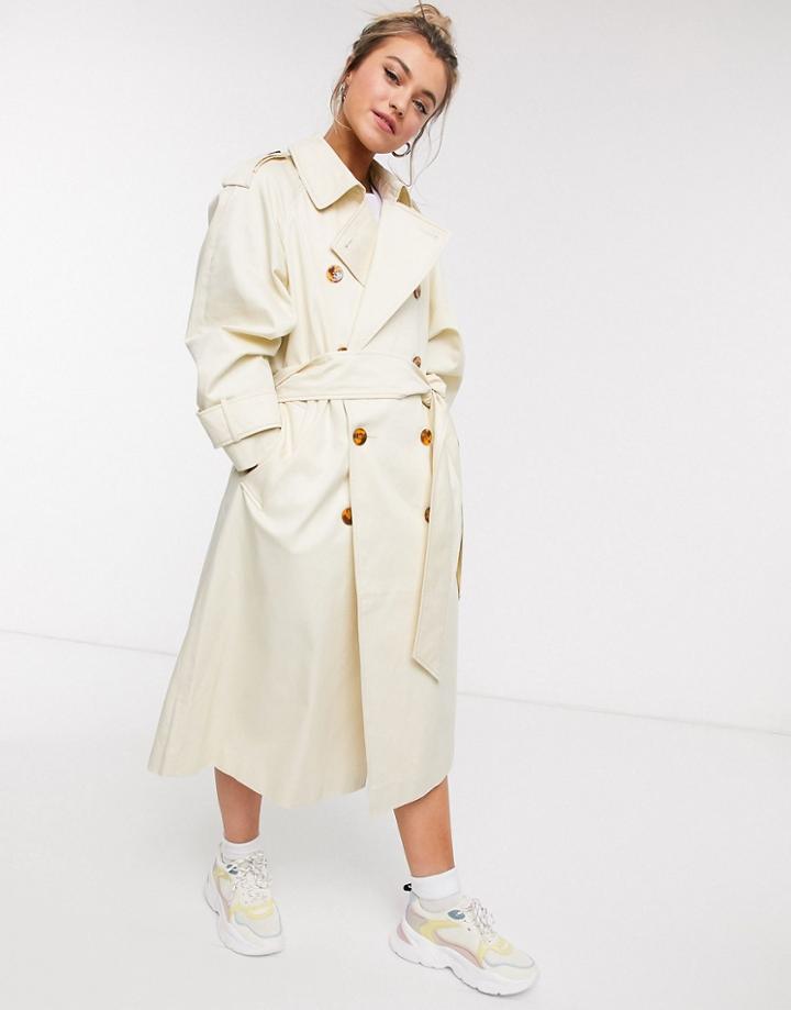 Asos Design Longline Trench Coat With Statement Buttons In Cream-white