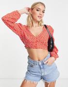 Monki Crop Button Front Blouse With Volume Sleeves In Ditsy Floral - Part Of A Set-multi