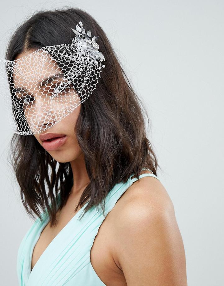 Asos Design Bridal Crystal Leaf Hair Clips And Veil - Silver