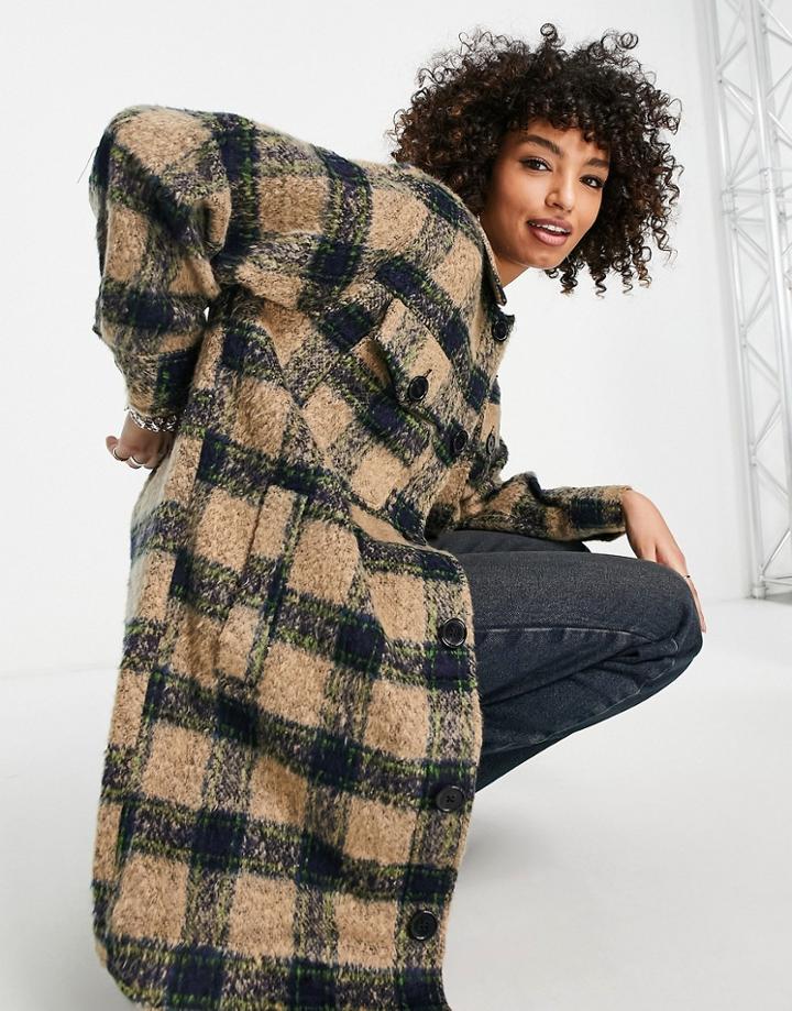 Topshop Longline Wool Jacket In Check-white