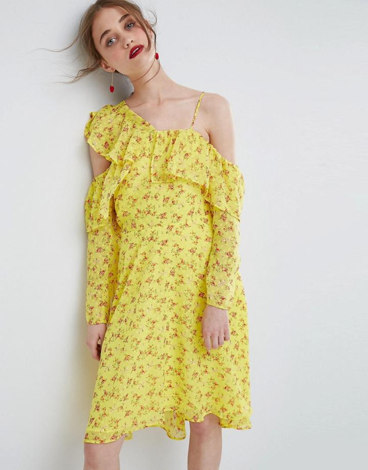 Asos Cold Shoulder Ruffle Tea Dress In Dobby Ditsy Print - Multi