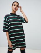 Prettylittlething Oversized T-shirt Dress In Multi Stripe - Navy