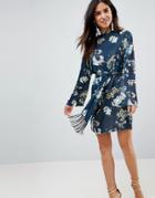 Asos Kimono Sleeve Bird Print Dress With Self Fringe Belt - Multi