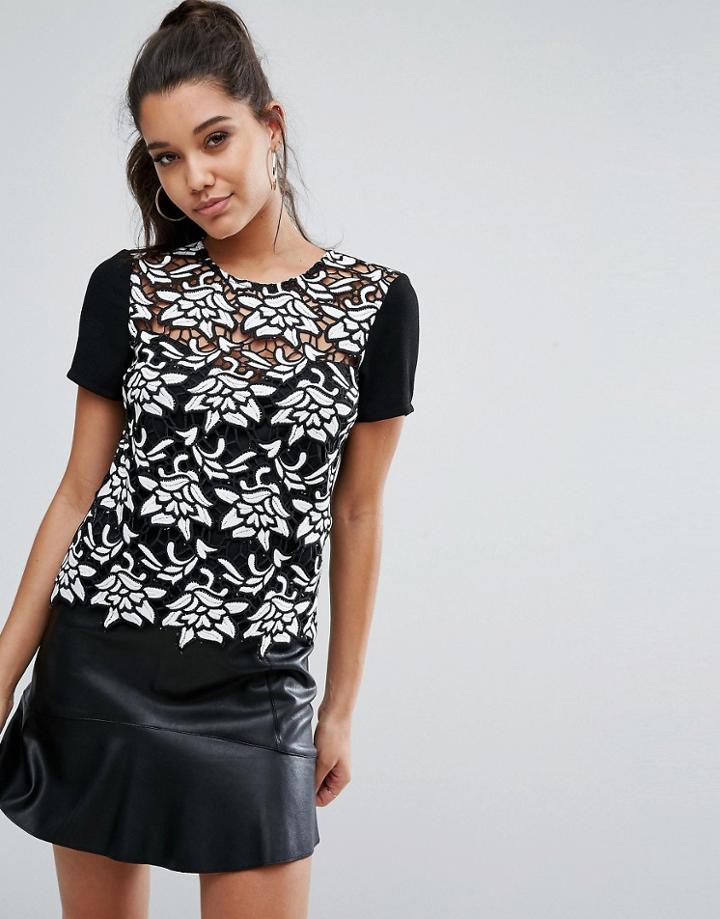 Lipsy Heavy Lace T-shirt With Contrast Sleeve - Black