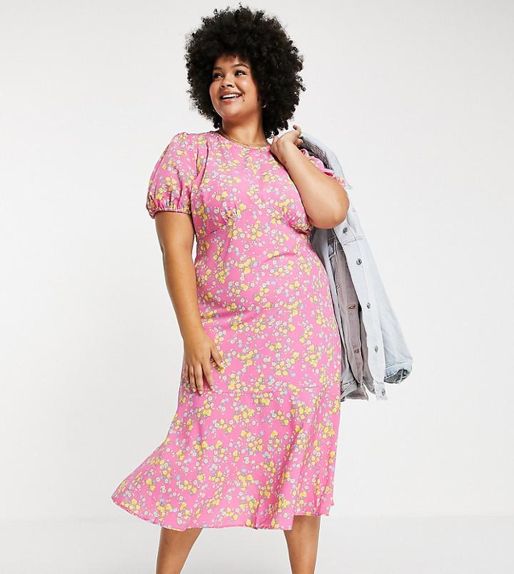 Simply Be Midi Dress With Tie Back Detail In Pink Ditsy