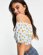 Monki Nellie Off Shoulder Puff Sleeve Crop Top In Blue Sunflower-blues