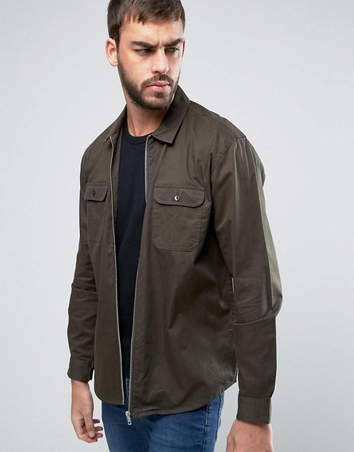 Brave Soul Long Sleeve Zip Through Shirt - Green