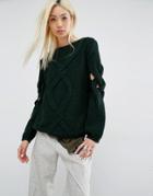 Oneon Hand Knitted Jumper With Cable And Open Lattice Sleeve - Green