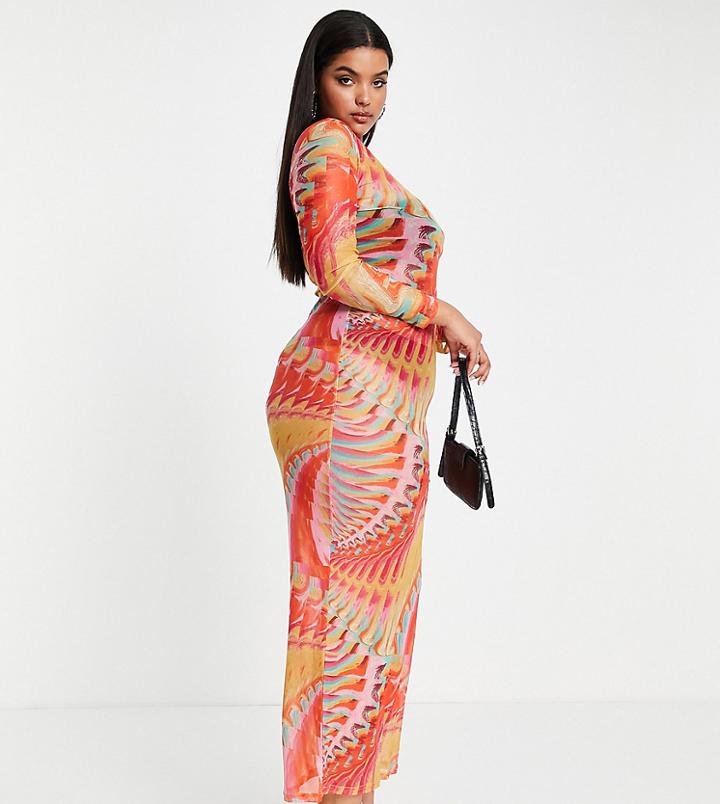 Simmi Plus Long Sleeve Sheer Maxi Dress In Abstract Rainbow-multi
