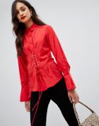 Ax Paris Long Sleeve Shirt With Corset Detail - Red