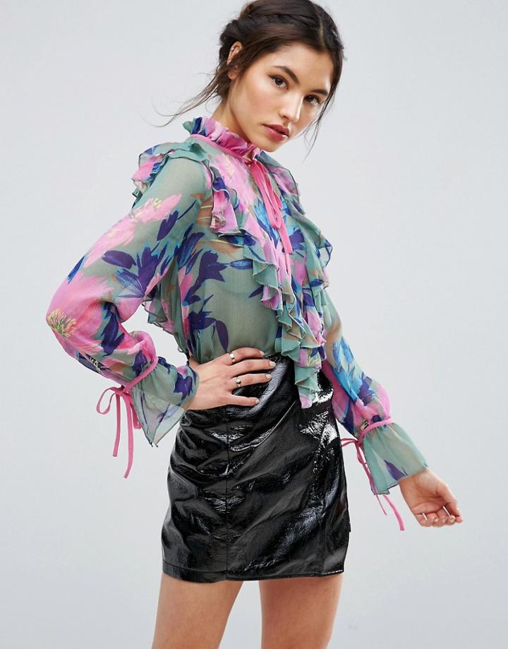 Asos Blouse In Floral Print With Ruffle Front - Multi