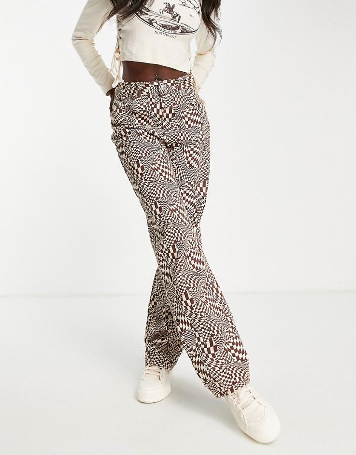 Pull & Bear High Rise Straight Leg Checkerboard Jeans In Brown