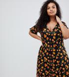 Asos Design Curve Button Through Tea Dress With Frill Sleeve In Floral Print - Multi