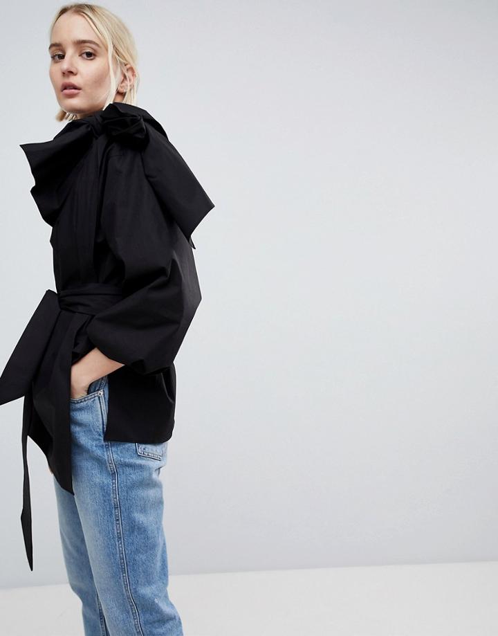 Asos White Bow Shoulder Top With Tie - Black