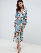 Asos Design Midi Wrap Dress In Bright Floral Print - Multi