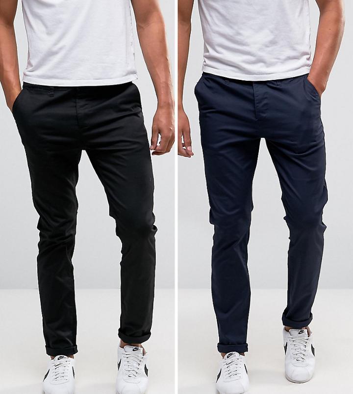 Asos Design 2 Pack Slim Chinos In Black & Navy Save-multi