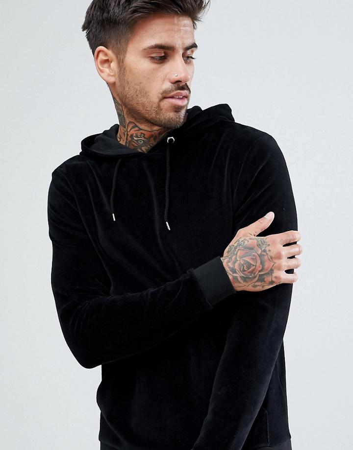 Asos Muscle Hoodie In Velour - Black