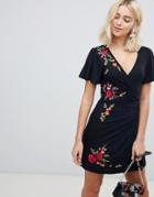 Asos Design Embroidered Wrap Dress - Black