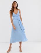 Asos Design Cami Wrap Midi Dress With Tie Waist-blue