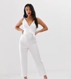 Asos Design Petite Wrap Front Jumpsuit With Peg Leg And Self Belt-white