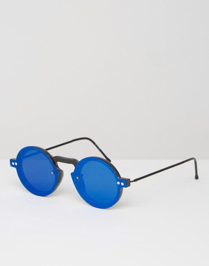 Spitfire Round Flat Lens Sunglasses With Blue Lens - Black