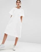 Asos White Textured A-line Midi Dress With Frill Sleeve - White