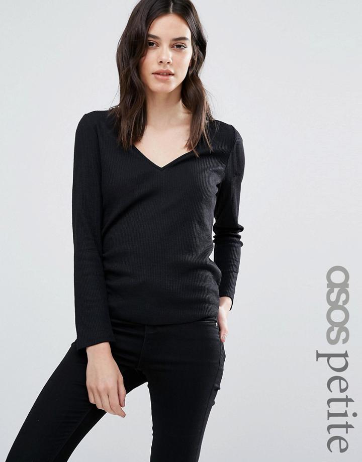 Asos Petite Fitted V Neck T-shirt In Slub - Black