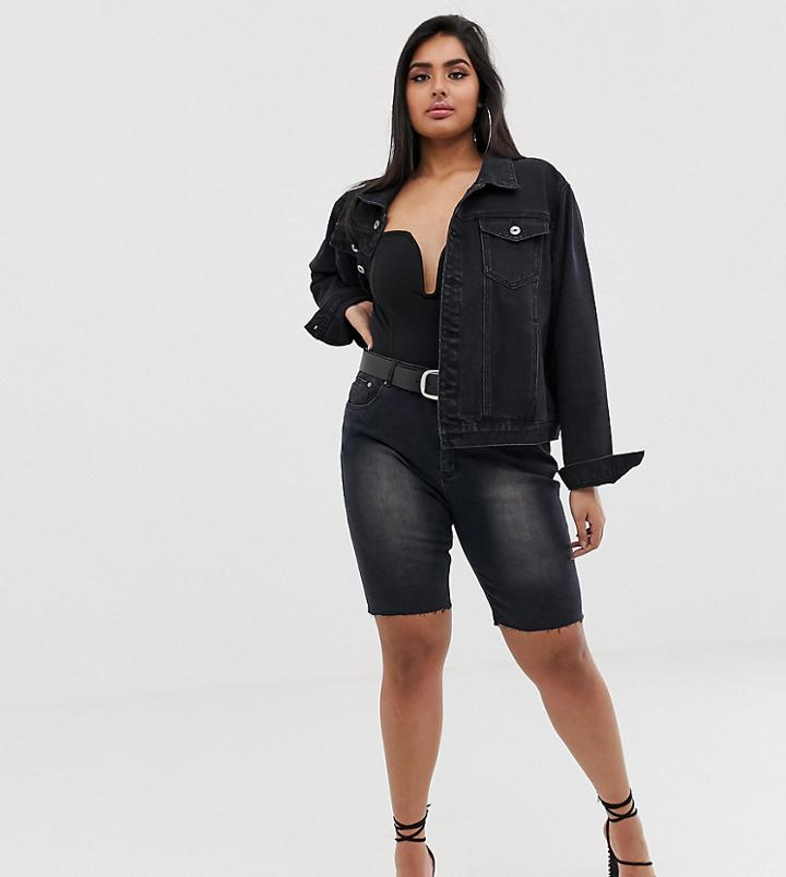 Liquor N Poker Plus Longline Denim Shorts With Raw Hem - Black