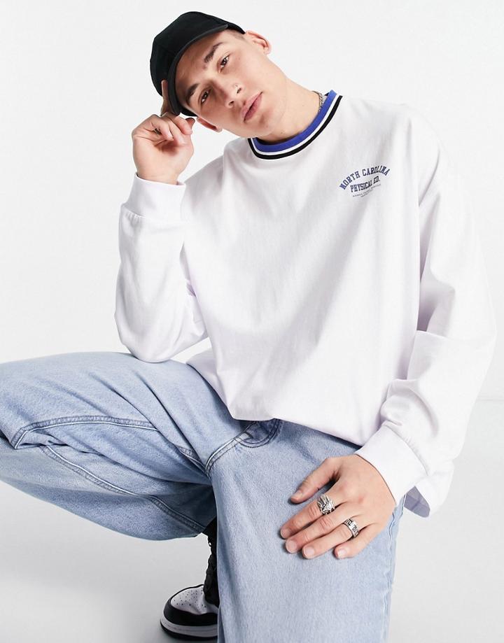 Topman Long Sleeve Extreme Oversized T-shirt With Stripe Neck In White