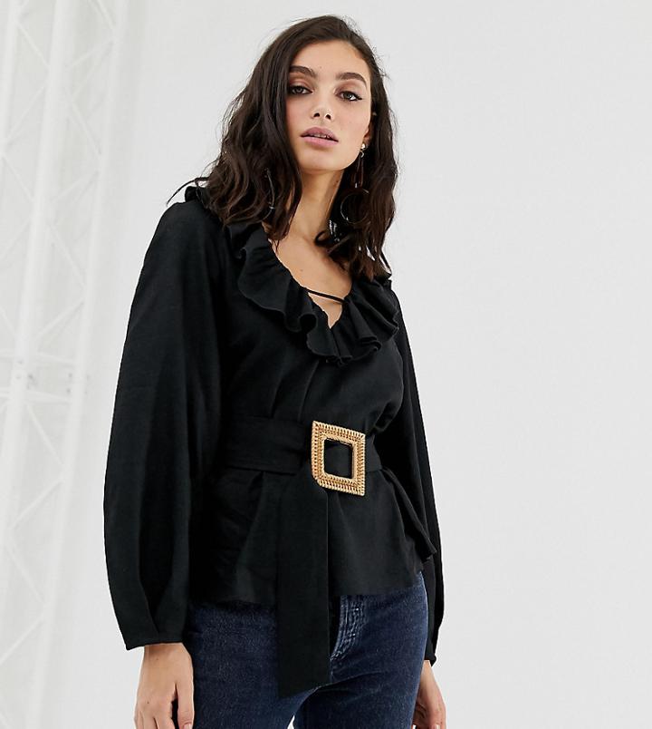 Asos Design Long Sleeve Ruffle V Neck Blouse With Wicker Belt Detail In Linen Mix - Black