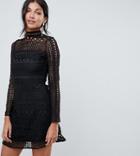 Parisian Tall High Neck Long Sleeve Lace Skater Dress - Black