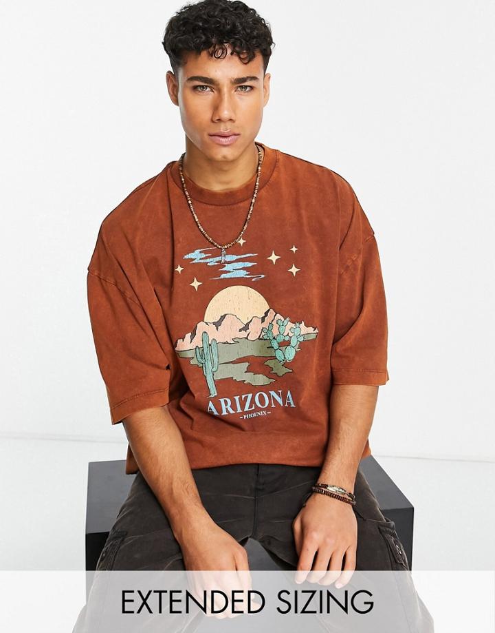 Asos Design Oversized T-shirt In Washed Brown With Arizona Front Print