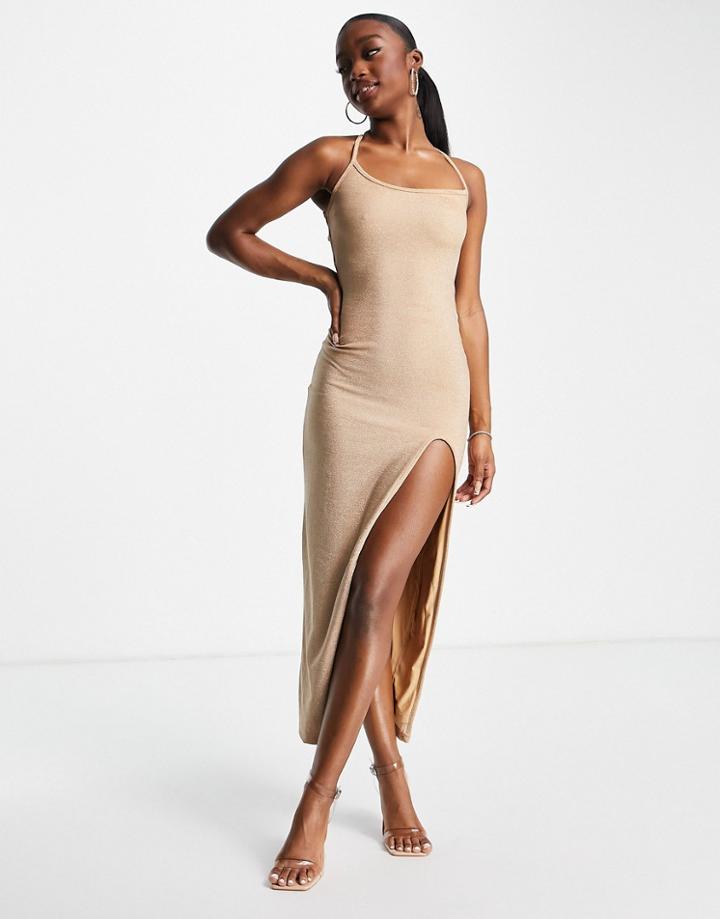 Simmi Thigh Spilt Maxi Dress In Knitted Gold Glitter