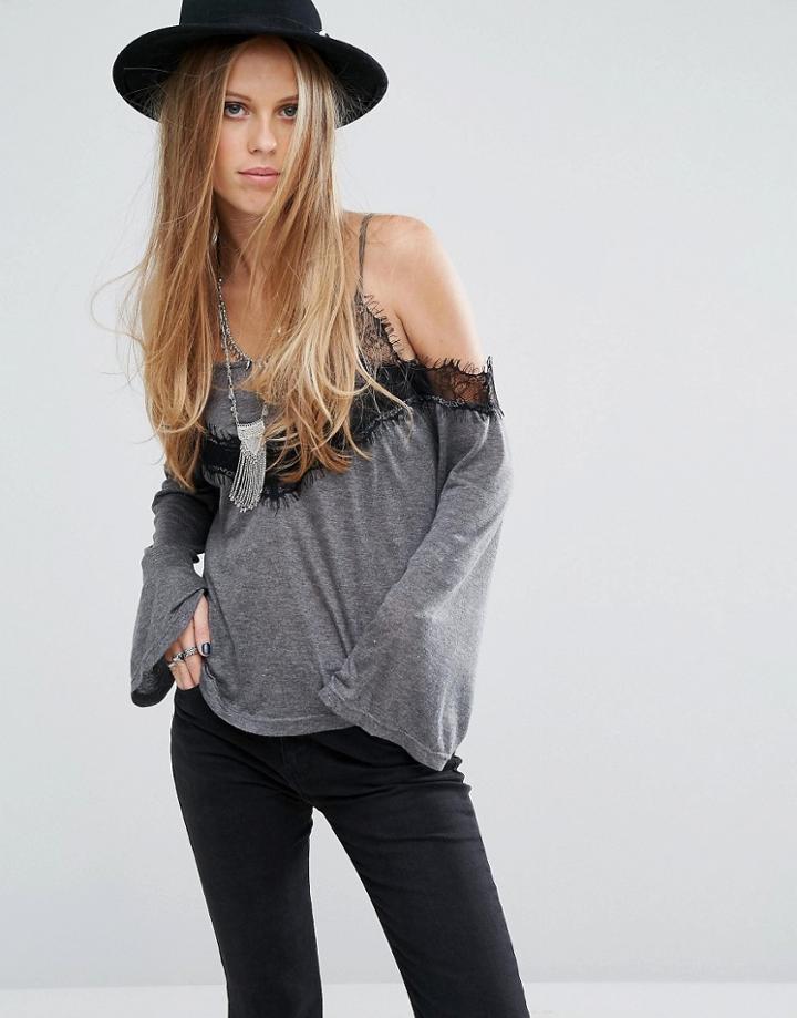 Kiss The Sky Cold Shoulder Cami Strap Top With Lace Trim - Gray