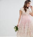 Chi Chi London Maternity Premium Lace Midi Prom Dress With Bardot Neck - Pink