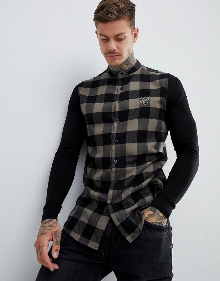 Siksilk Grandad Collar Check Shirt In Khaki With Jersey Sleeves - Green
