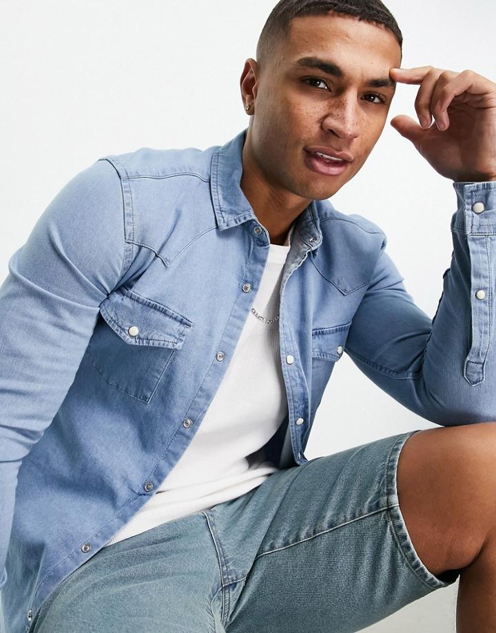 Asos Design Skinny Fit Western Denim Shirt In Light Wash Blue-blues