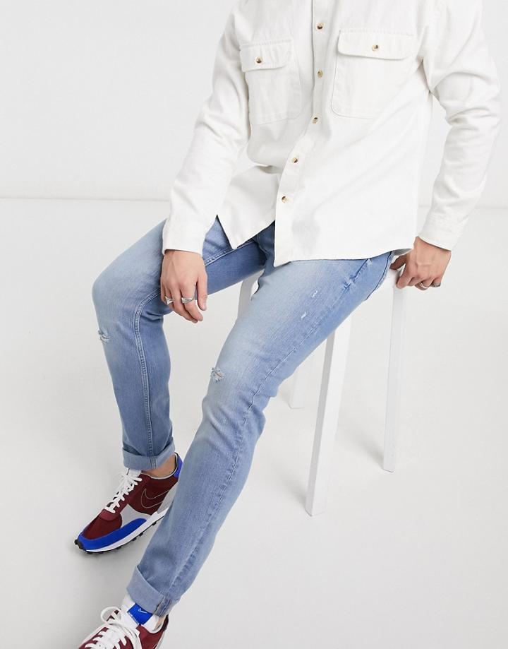 Only & Sons Slim Jeans In Light Blue With Rips-blues