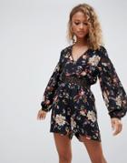 Glamorous Floral Romper With Lace Insert Waist-black